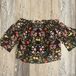 INC International Concepts Black Off-Shoulder Floral Blouse